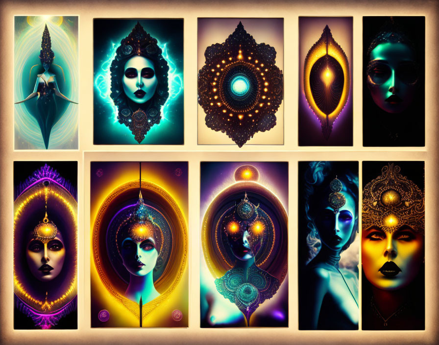 Eight Mystical Digital Art Portraits of Stylized Female Figures and Geometric Patterns