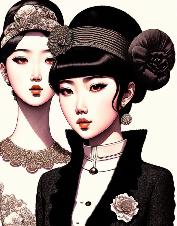 Vintage Fashion Illustration: Two Women, One in Black Hat and Suit