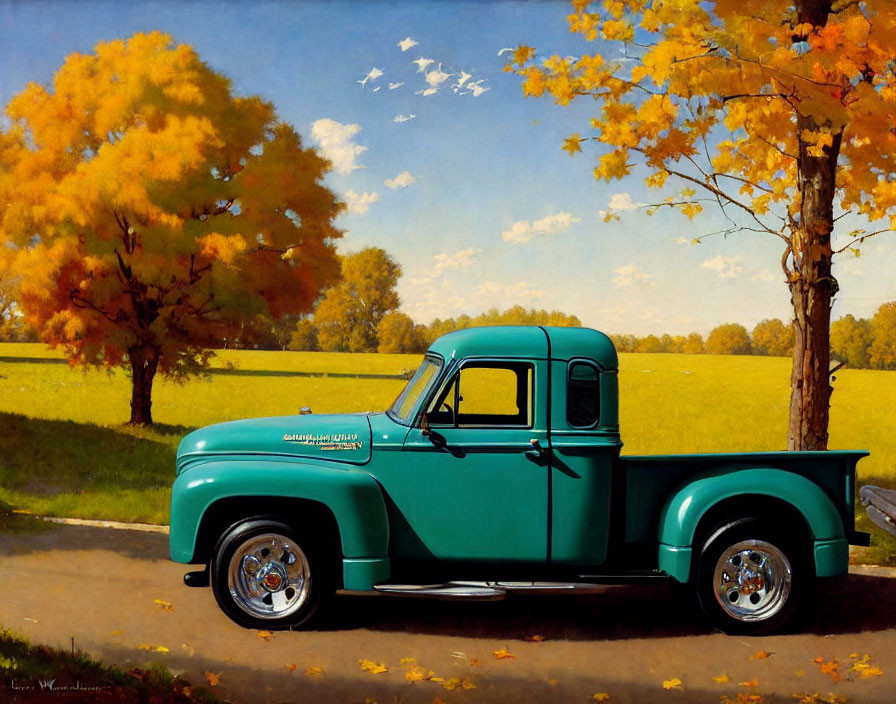 Vintage teal pickup truck parked near autumn tree under clear blue sky with green field and flying birds