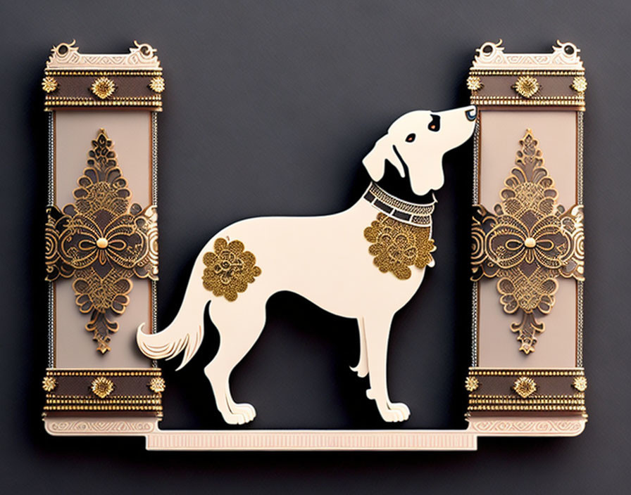 Stylized dog art with ornate floral patterns on dark background