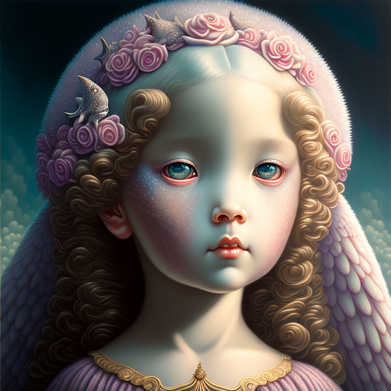 Surreal portrait of young girl with angel wings and roses in hair