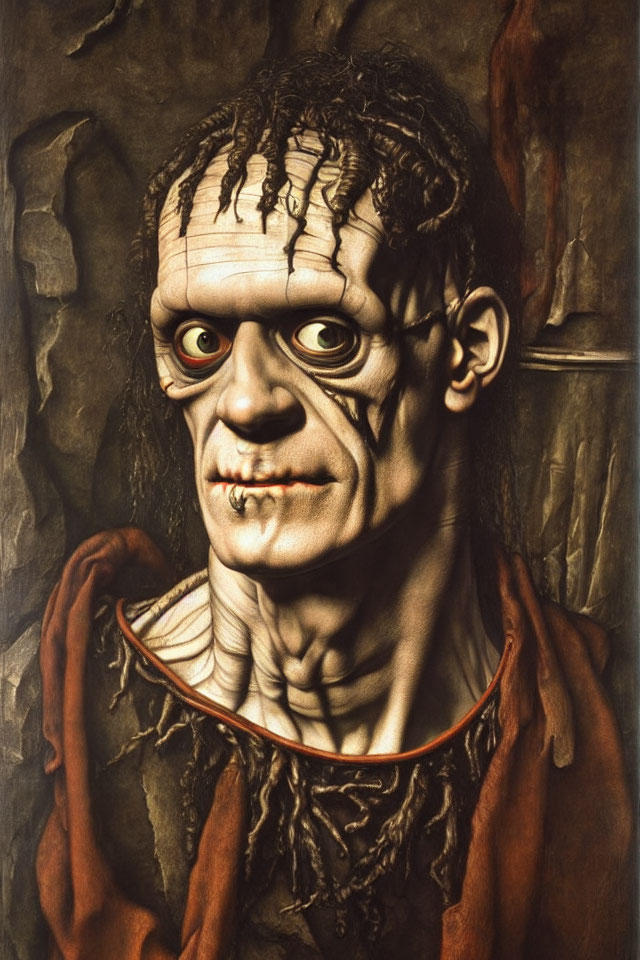 Detailed depiction of Frankenstein's monster with facial stitches and intense eyes in tattered garment.