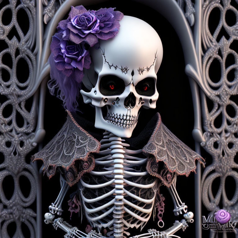 Stylized skeleton with lace wings and purple flowers on gothic background