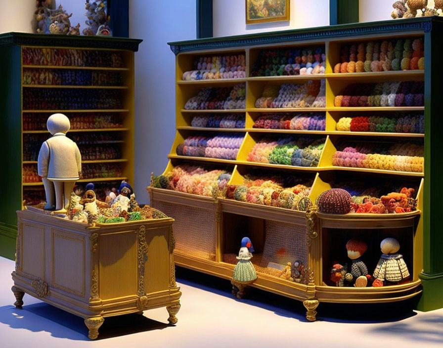 Vintage Candy Shop Interior with Colorful Sweets and Customer