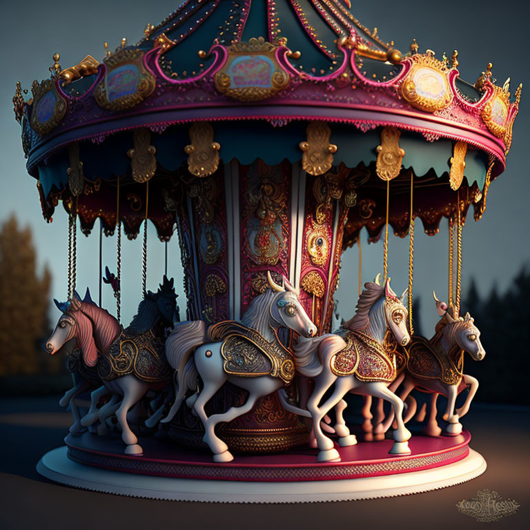 Ornate Carousel with Horses and Unicorns at Dusk