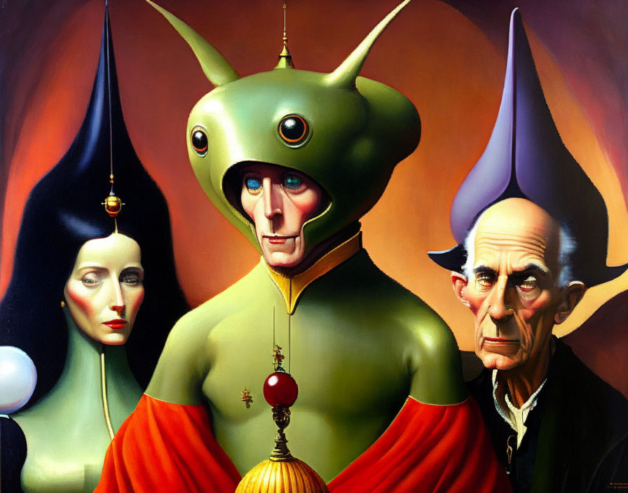 Surreal painting featuring three figures with elongated, pointed heads