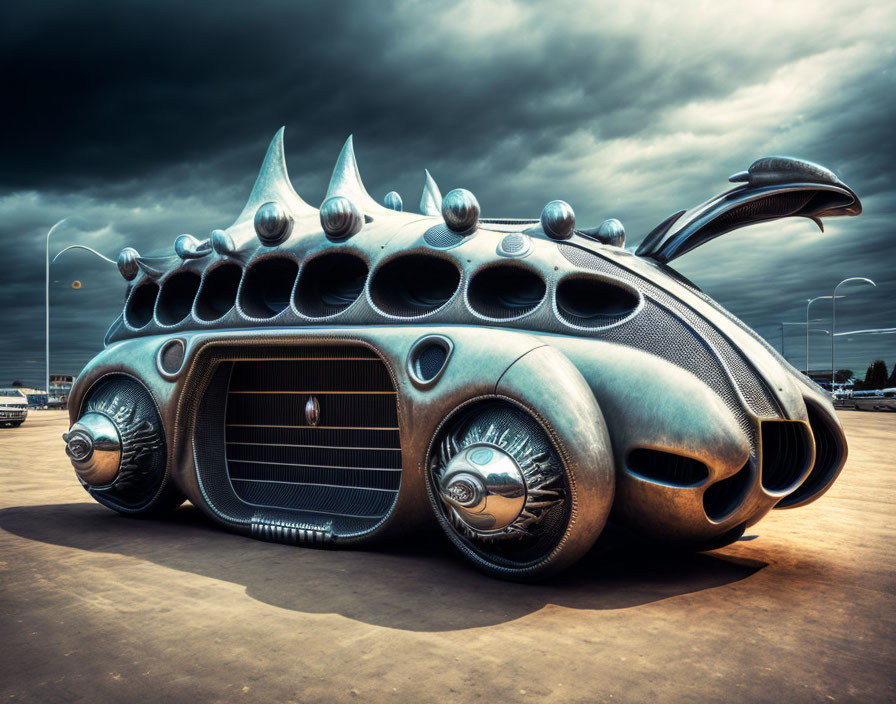 Futuristic vehicle design blending car and sea creature elements under stormy sky