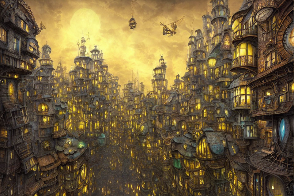 Steampunk cityscape with high-rise buildings, airships, and glowing windows