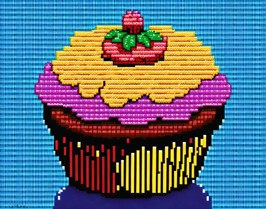 Colorful pixelated cupcake art on blue background