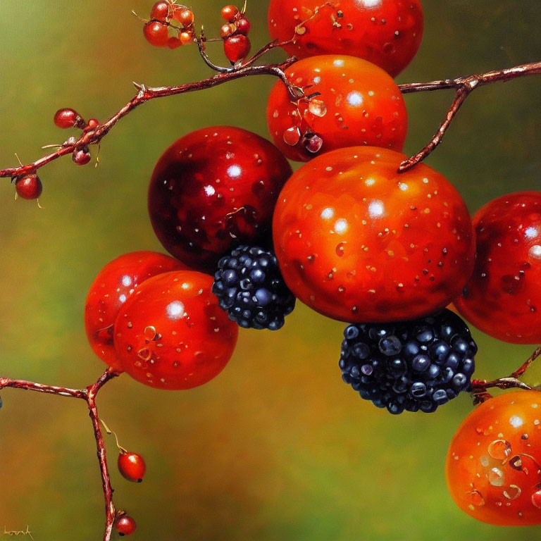 Detailed Painting of Dew-Covered Berries on Green Background