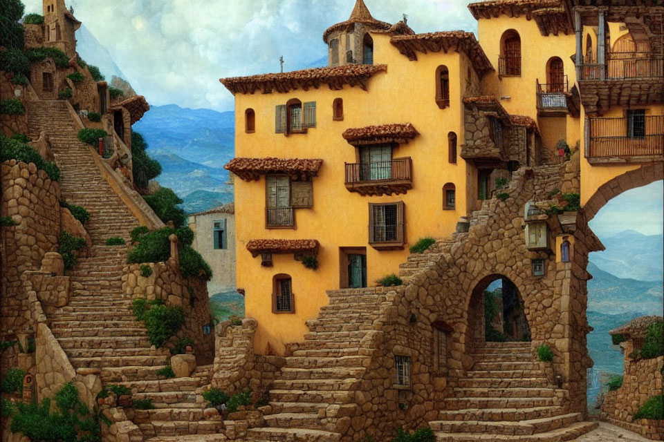 Stone village painting with terracotta-roofed houses and mountain backdrop