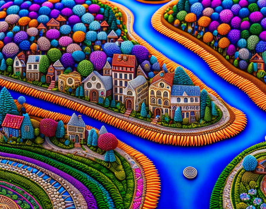 Colorful landscape with meandering river and whimsical hills.