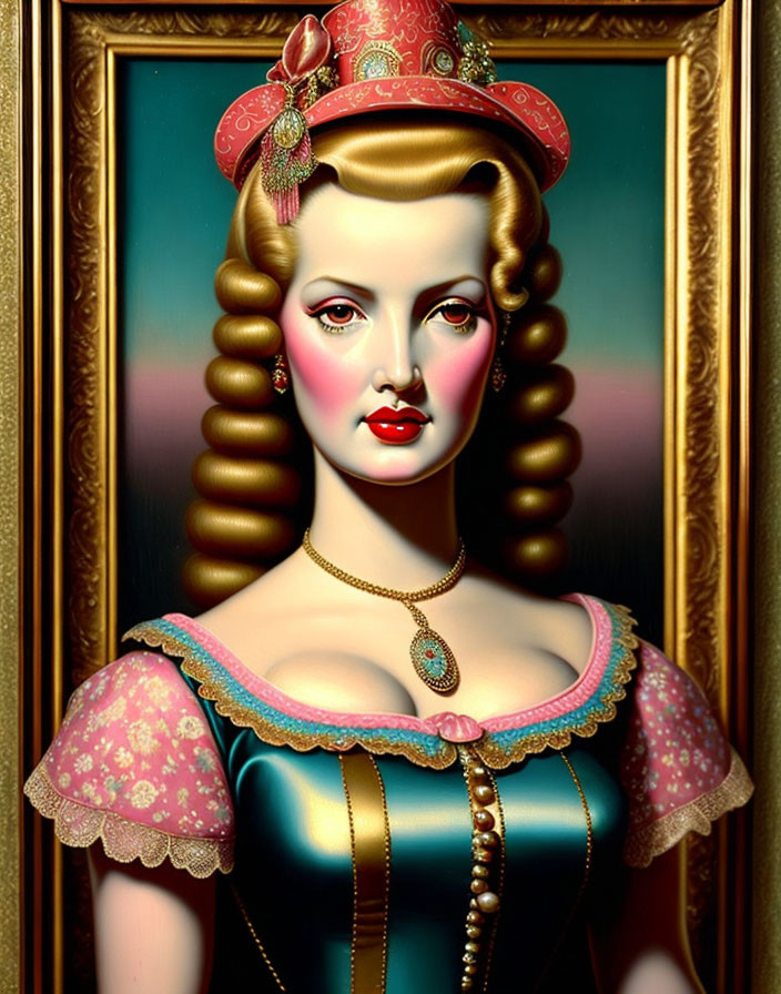 Surreal portrait of woman with stylized features and intricate costume in golden frame