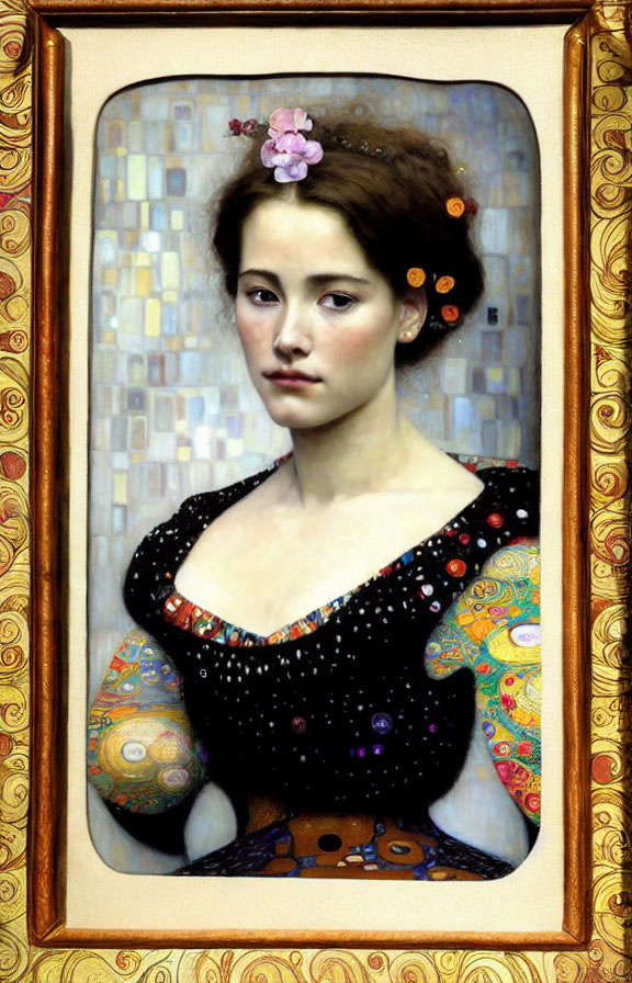 Portrait of young woman with floral hair in ornate, mosaic-like frame