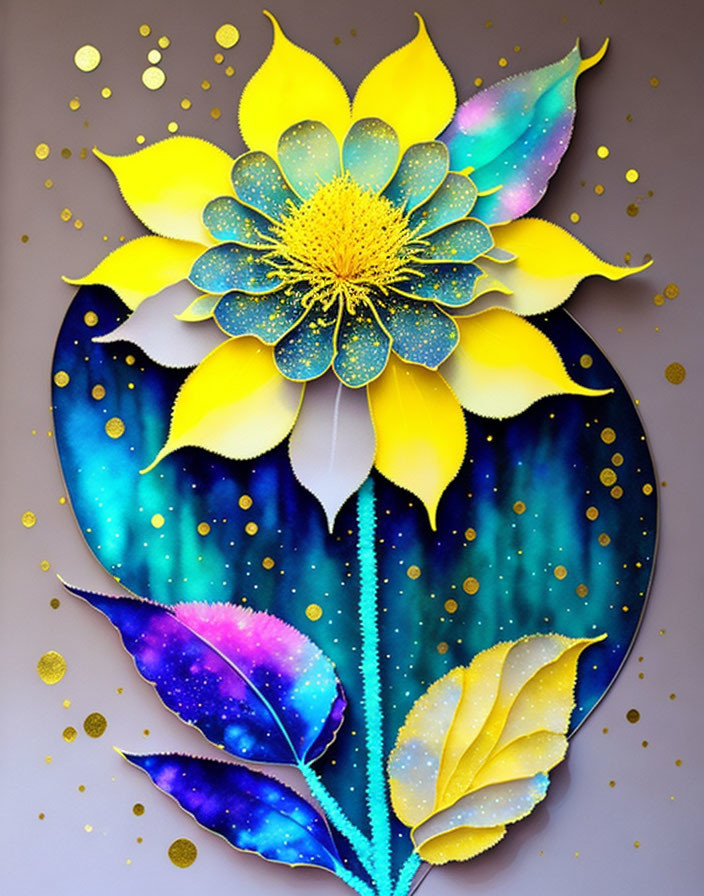 Yellow Sunflower Artwork with Cosmic Night Sky Pattern