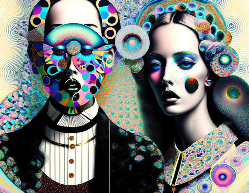 Colorful digital artwork: Two stylized female figures with intricate patterns.