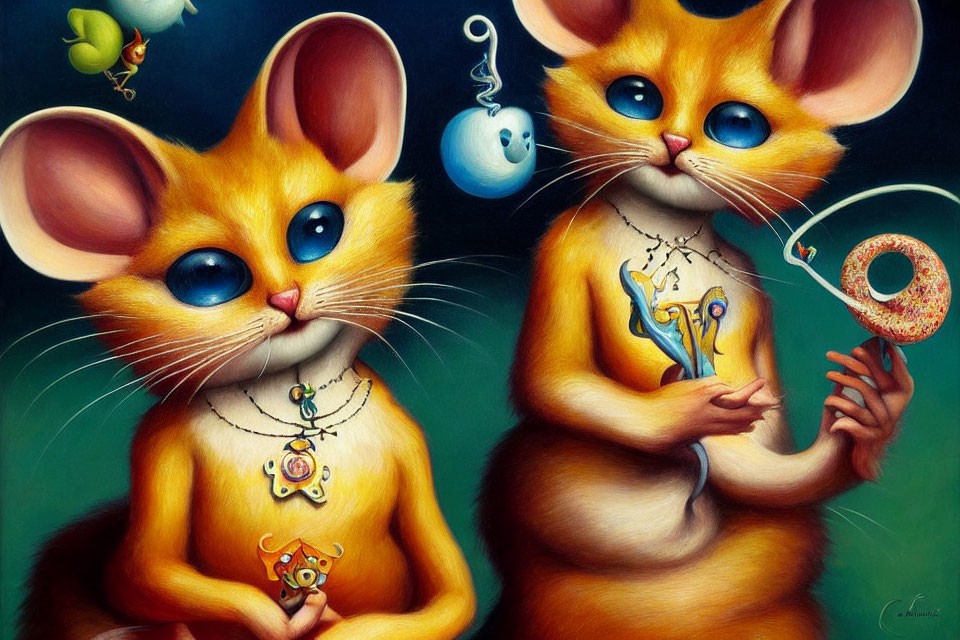 Stylized anthropomorphic orange cats with expressive eyes and whimsical trinkets engaging with toy-like