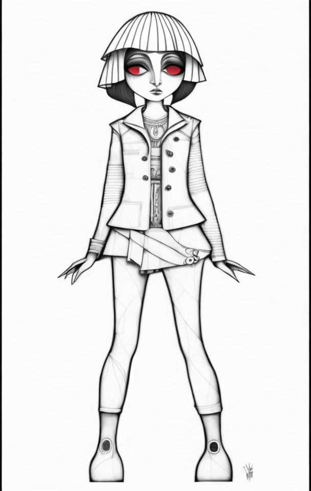 Monochrome artwork of stylized female character with red eyes, detailed outfit, and bob hairstyle