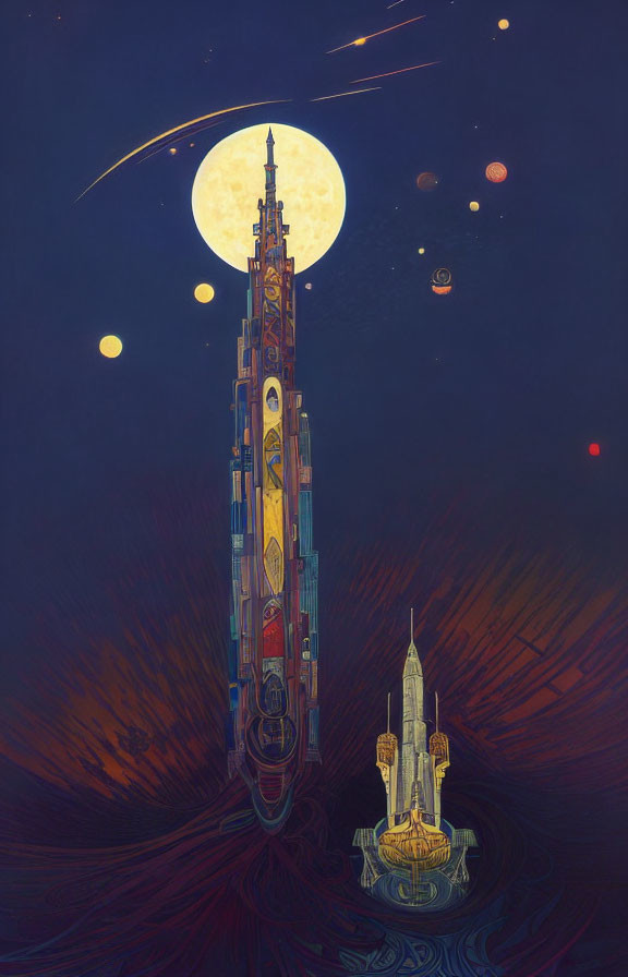 Fantastical illustration of towering spire under night sky