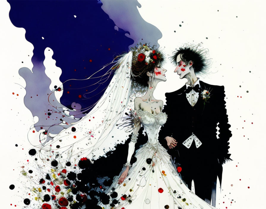 Whimsical bride and groom illustration in elaborate wedding attire