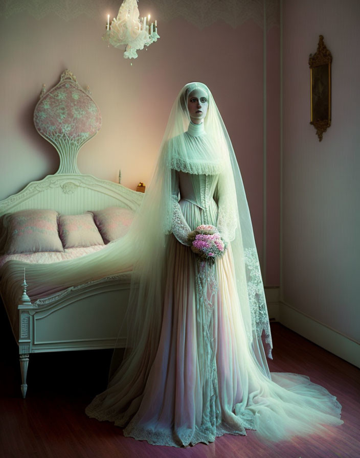 Vintage Bride in Pastel-Toned Room with Bouquet