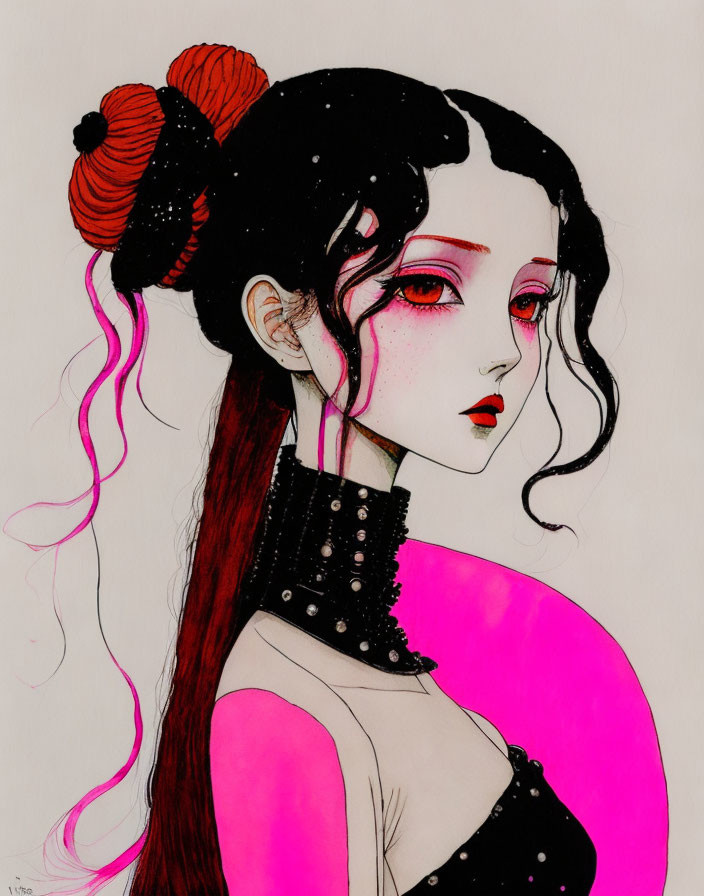 Stylized woman with pale skin, black hair, red flower, red eyes, black and pink