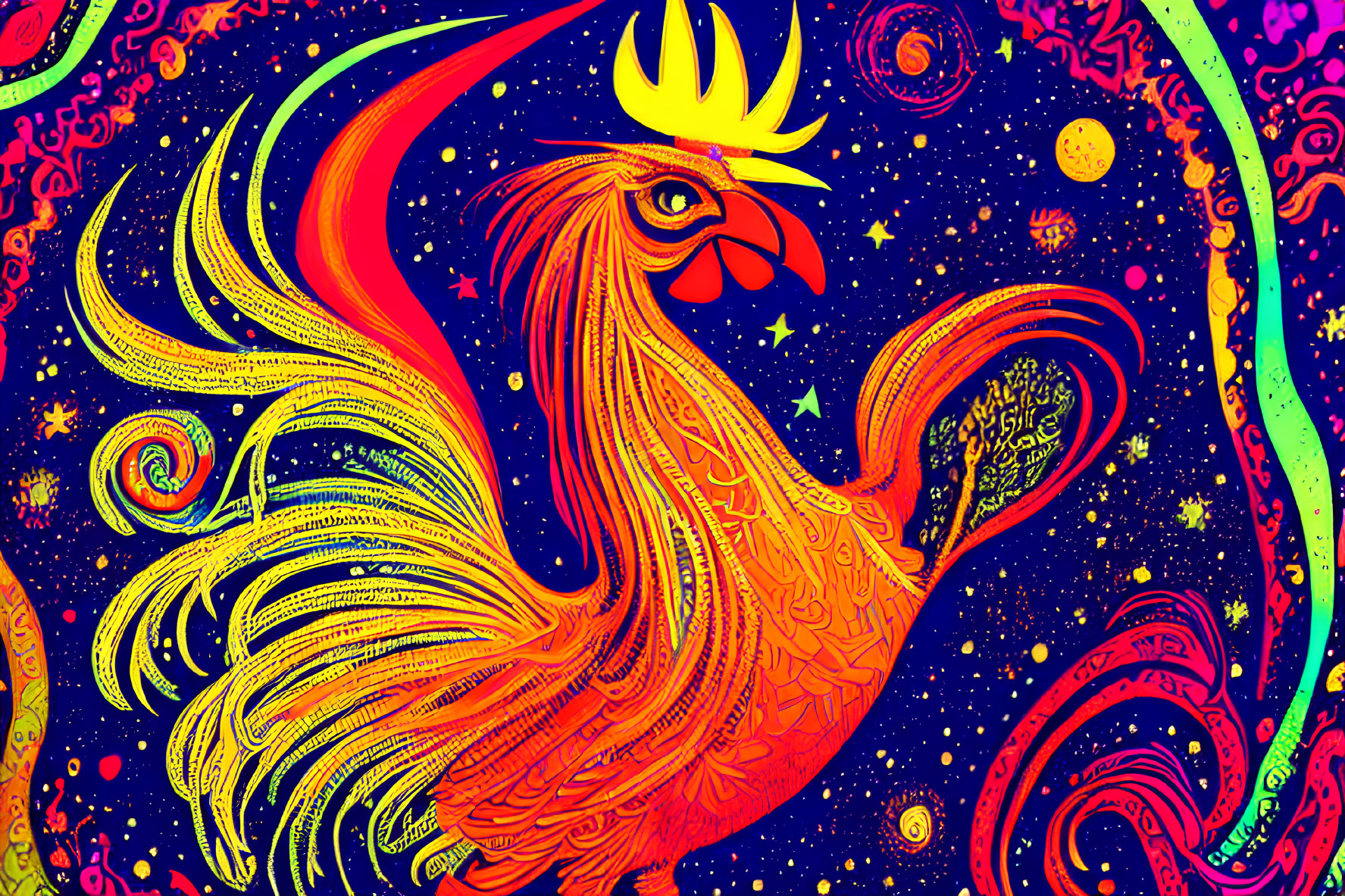 Colorful psychedelic rooster illustration with celestial motifs