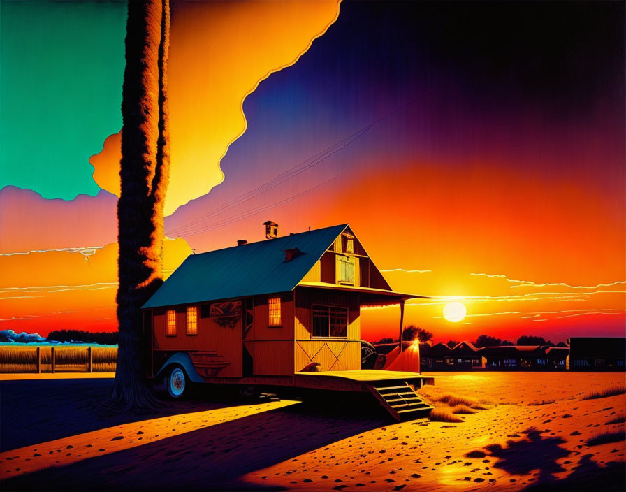 Colorful surreal artwork: house, tornado, sunset sky