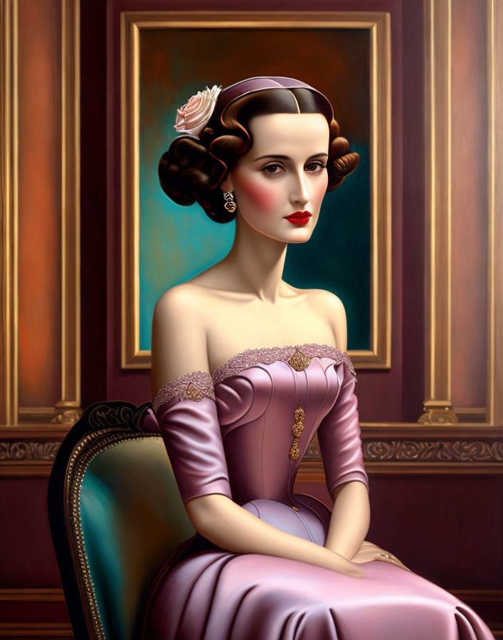 Stylized portrait of a woman in elegant purple dress against ornate backdrop