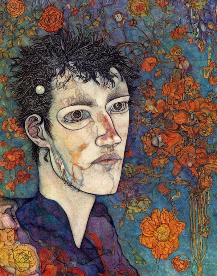 Prominent-eyed person portrait with short hair on vibrant floral background