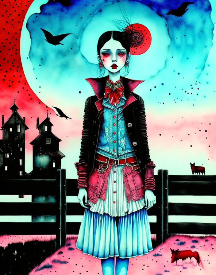 Gothic whimsical illustration of pale girl in blue skirt and red jacket