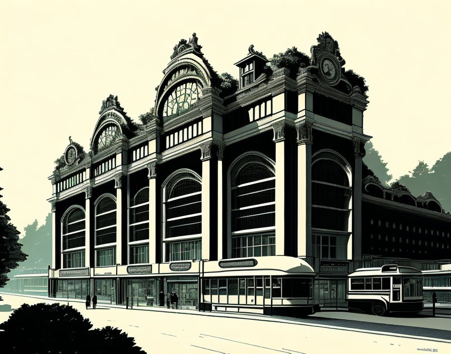 Monochrome illustration of historical train station with vintage buses