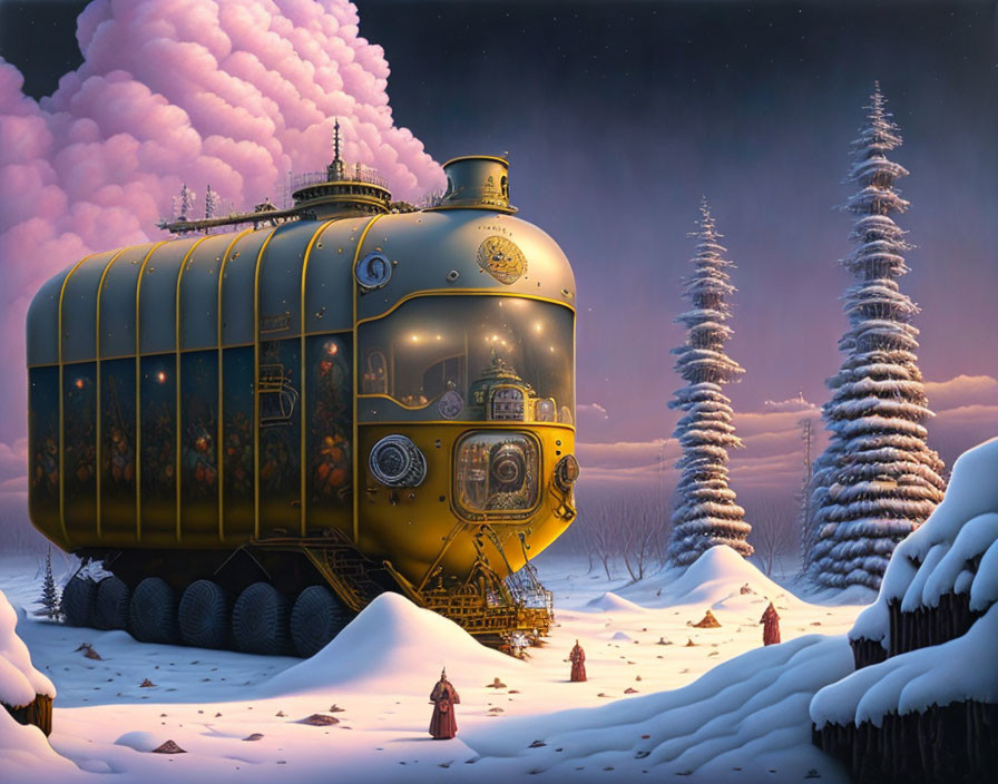 Yellow submarine-like vehicle in snowy landscape with illuminated windows and snow-covered trees