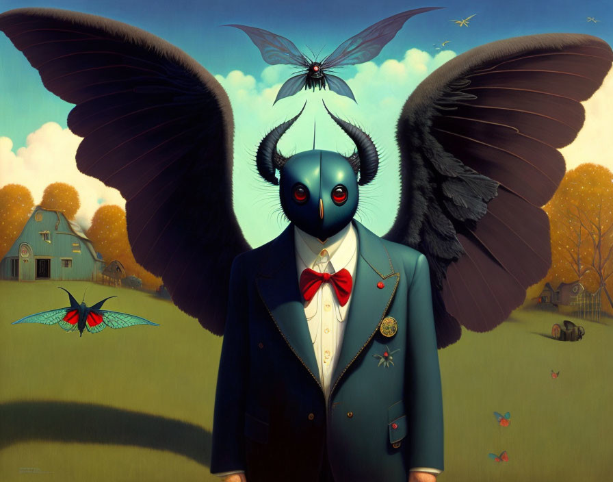 Surreal painting: Humanoid figure with beetle head in suit among flying insects