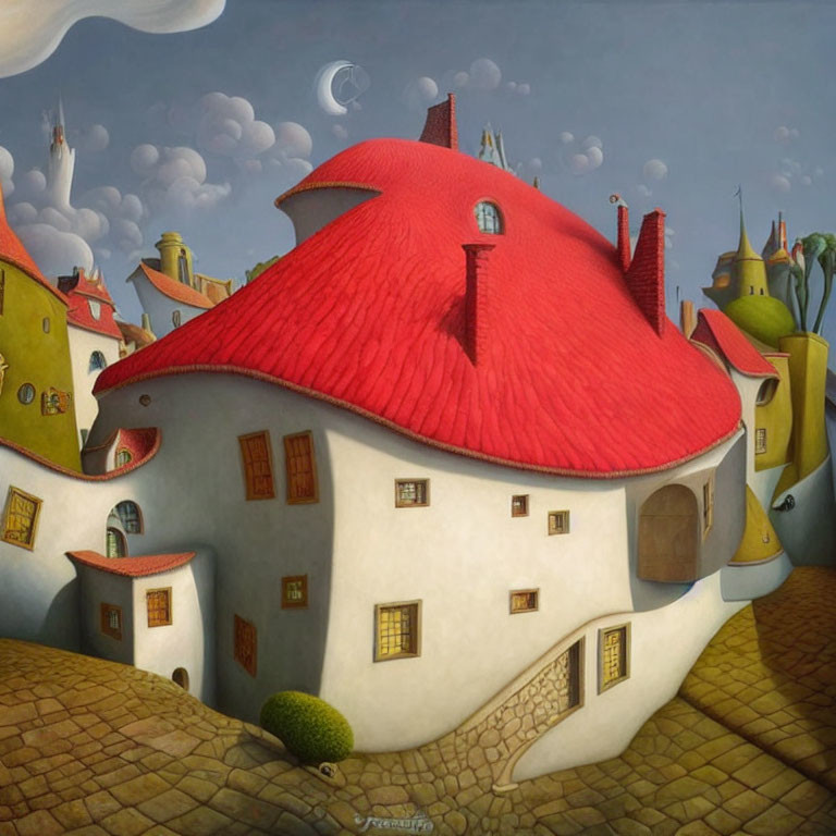 Quirky village painting with mushroom house & red roof