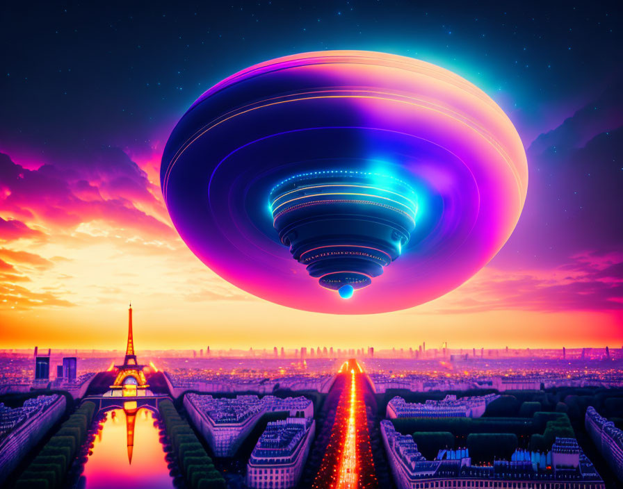 Colorful UFO over Eiffel Tower at sunset