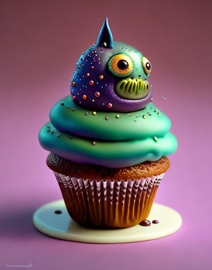 Colorful Monster Cupcake Illustration on Purple Background