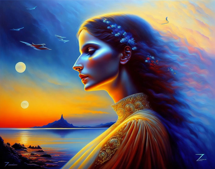 Woman with flowing hair in vibrant sunset seascape with birds, twin moons, and distant mountain.