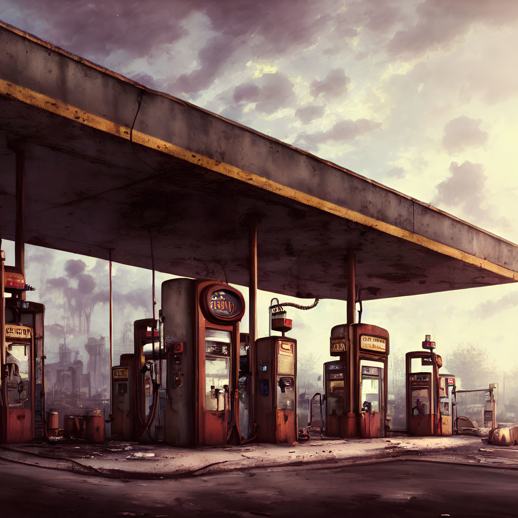 Abandoned gas station with vintage pumps and decaying overhang in dystopian setting