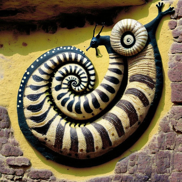 Whimsical snail sculpture with spiral shell on yellow wall