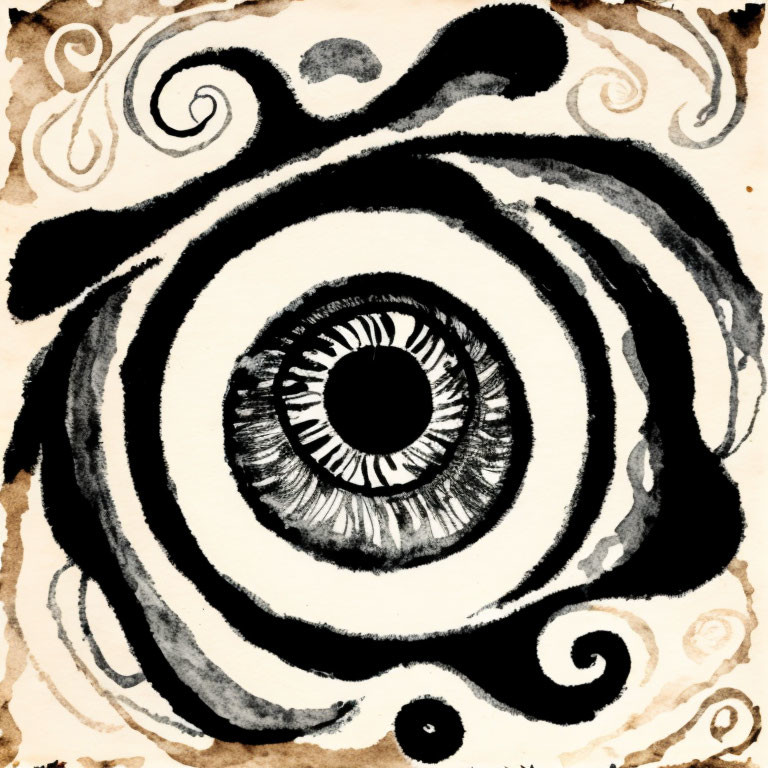 Monochrome ink drawing of an eye with swirling patterns on aged paper