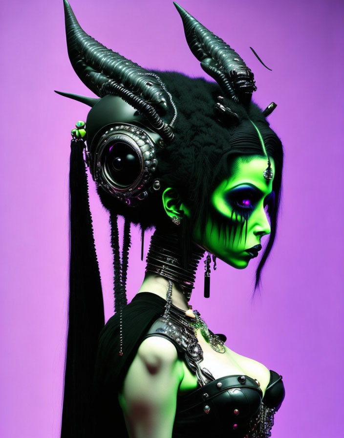 Stylized portrait of person with green skin and cybernetic eye accessory