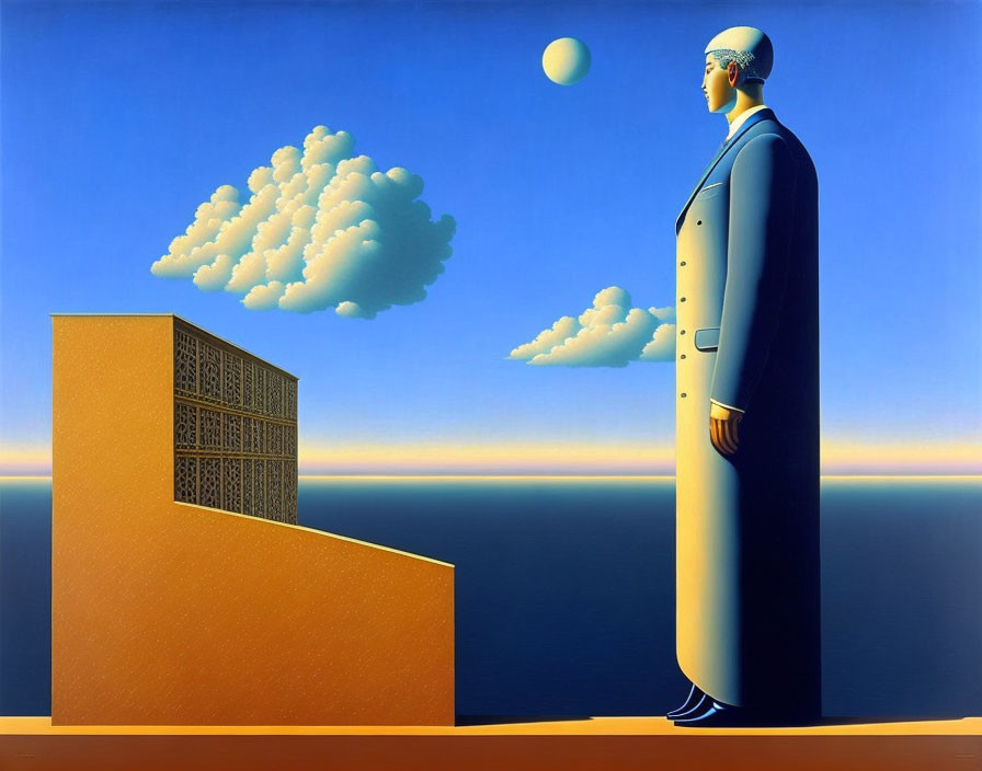 Surrealist painting of man with cloud head by calm sea