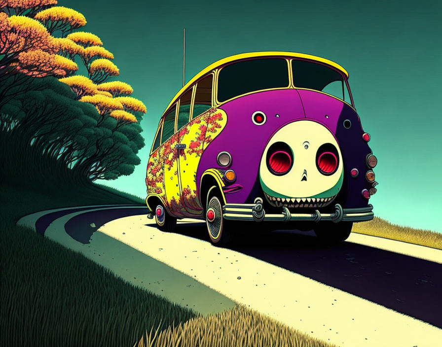 Colorful retro van with skull design on curvy road among yellow trees under dark sky