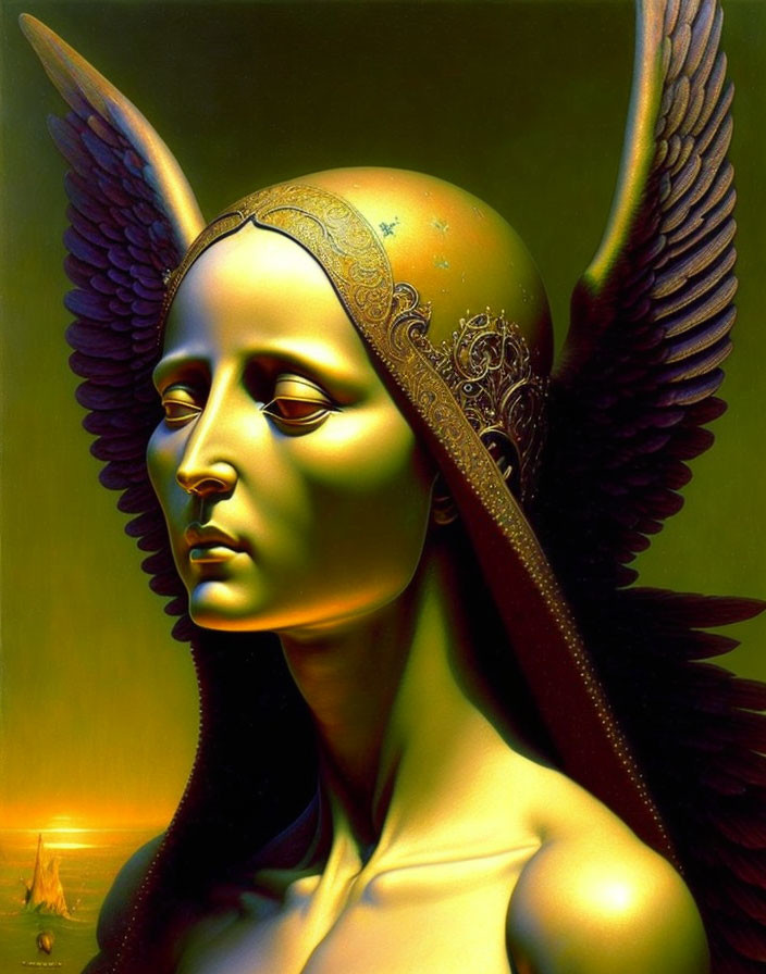 Surreal portrait: Winged ears, ornate headpiece, golden backdrop, nautical elements