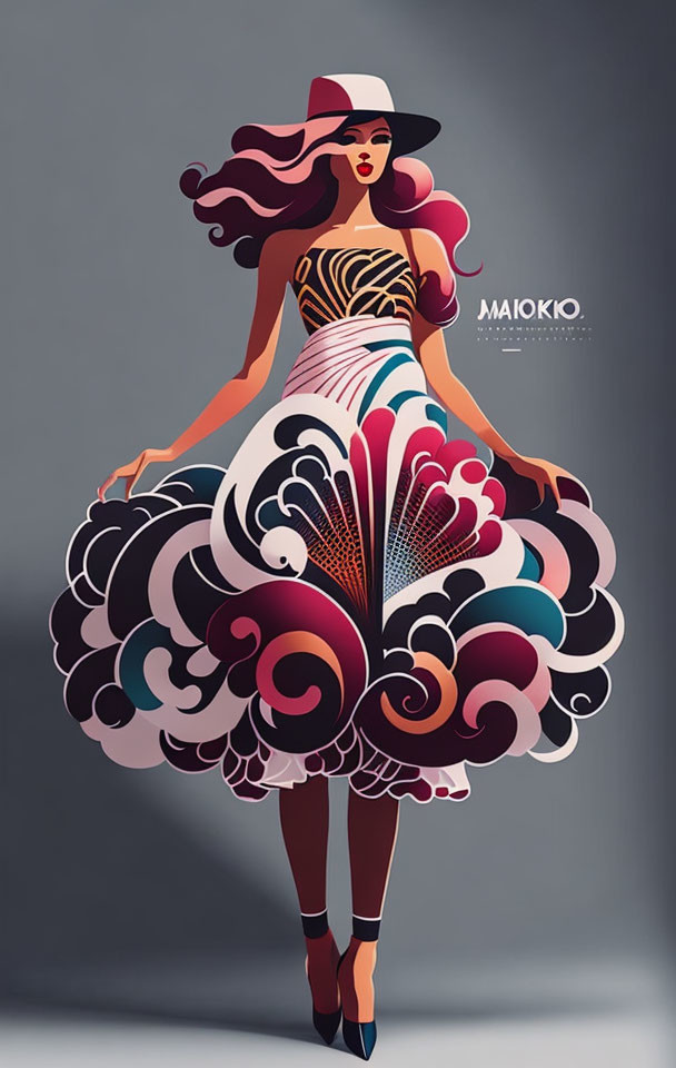 Fashionable woman in swirling pattern dress, red hat, and heels illustration.