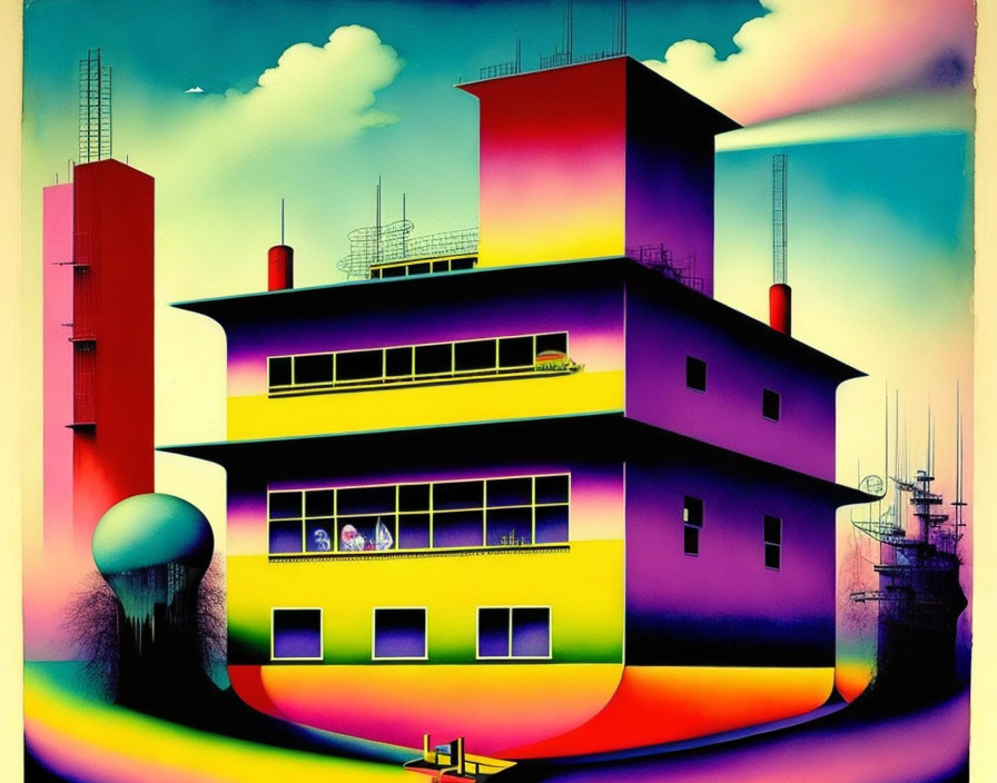 Colorful surreal artwork: exaggerated building, pastel sky, small figures, boat.