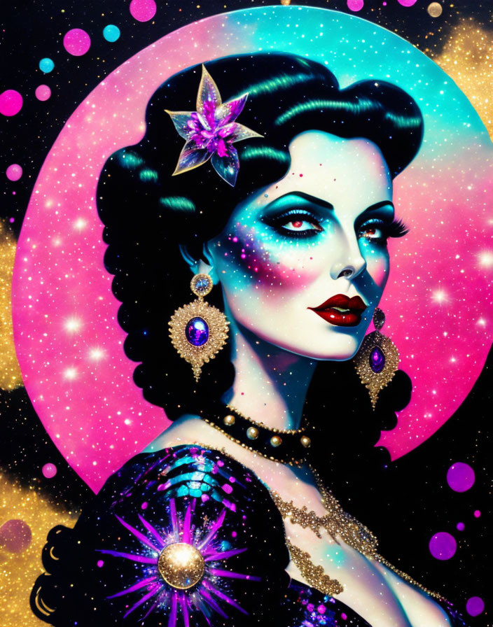 Dark-haired woman with cosmic makeup and sparkling jewelry in vibrant space illustration