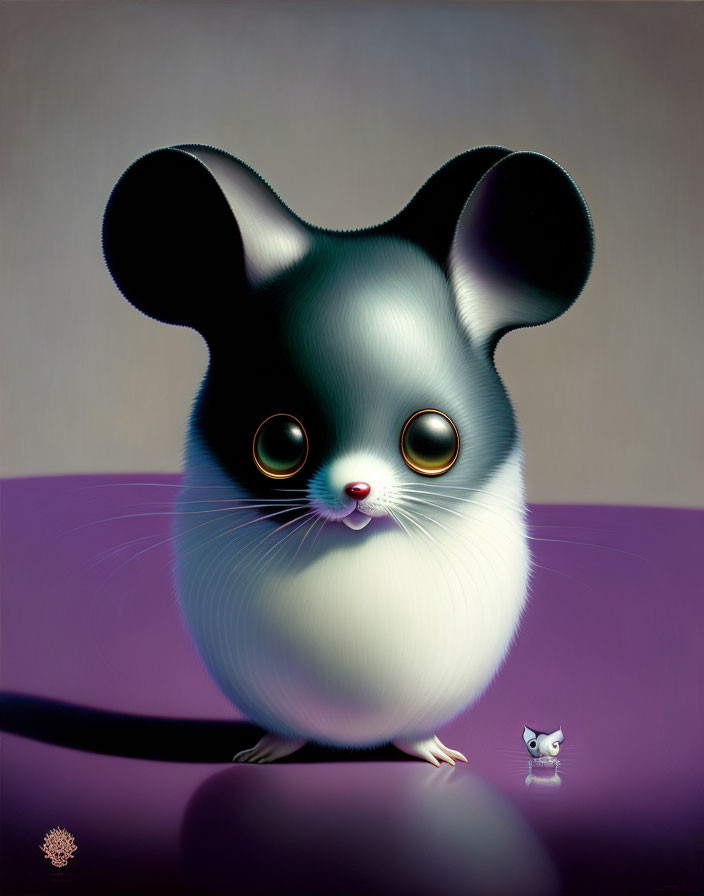 Whimsical oversized mouse with tiny companion in surreal purple setting