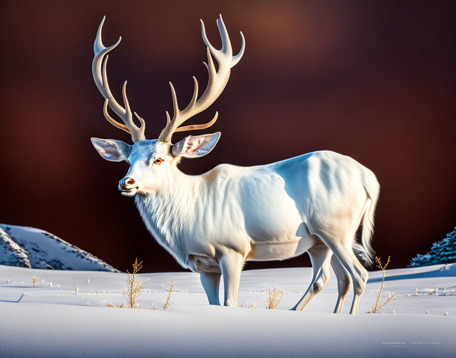 Majestic white deer with large antlers in snowy landscape